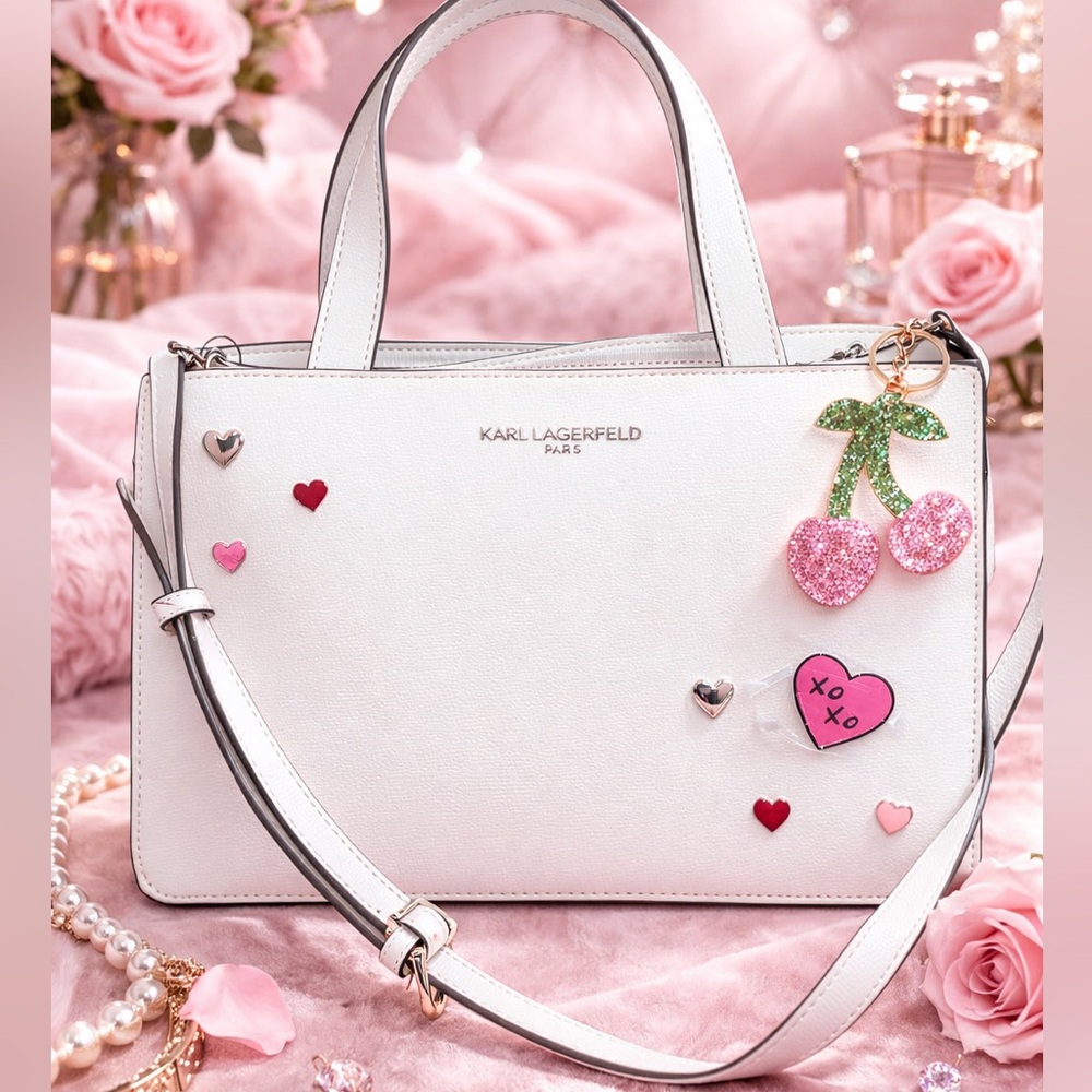 Karl Lagerfeld White & Pink Embellished Satchel Crossbody with Heart Details 🩷